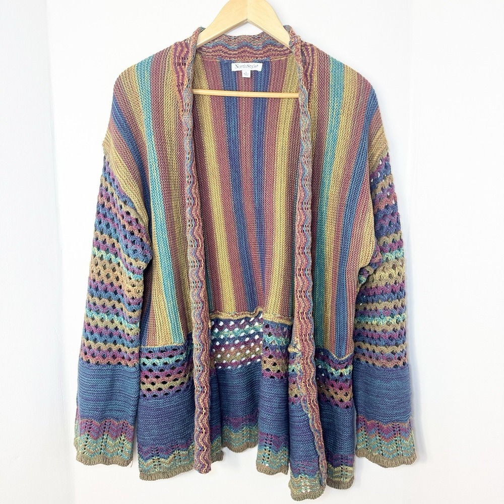 Open Knit Rainbow Cardigan Sweater Crochet Bell Sleeve Women L Beach Boho Indie - Picture 2 of 9